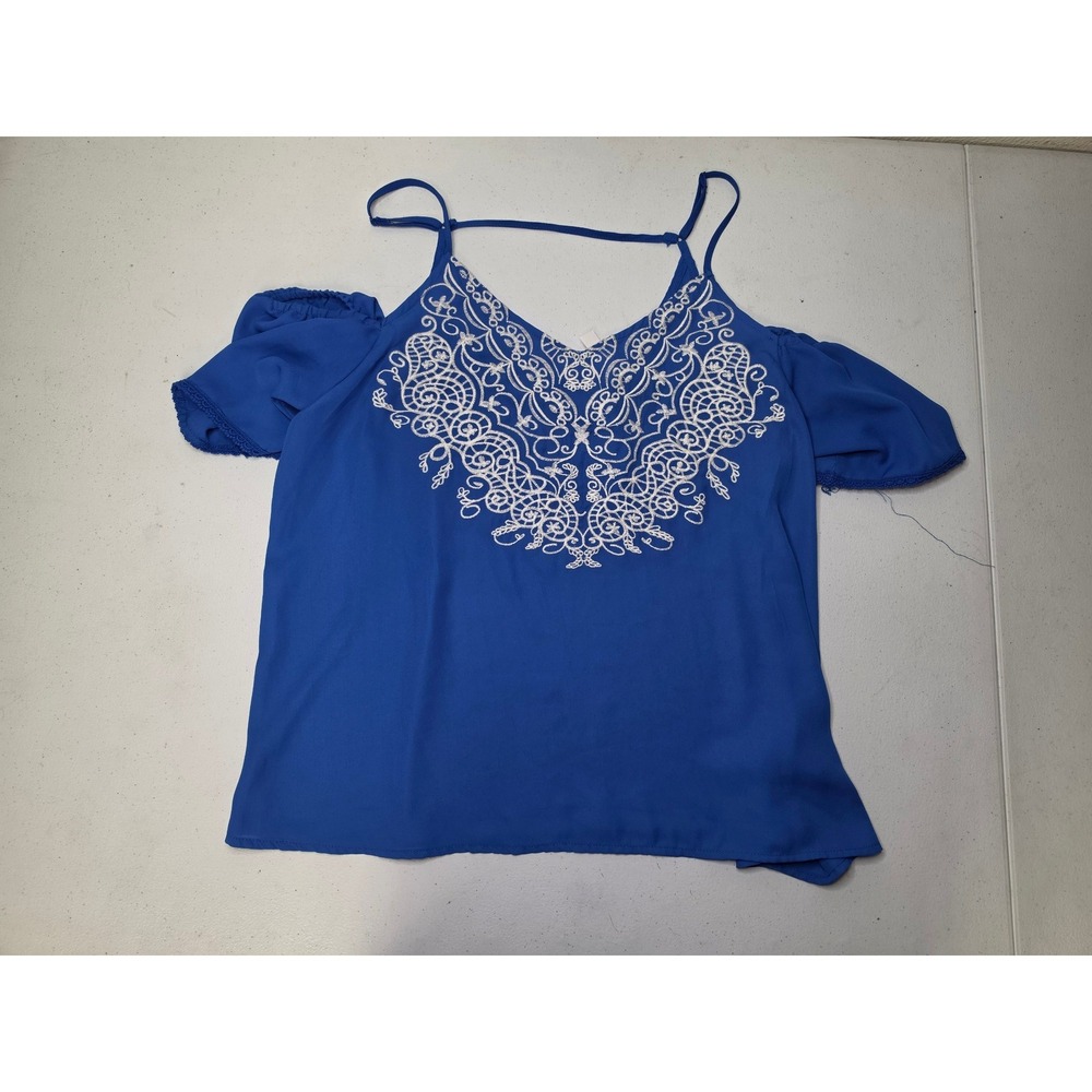 Xhilaration Womens Royal Blue Cold Shoulder Embroidered Boho Blouse Size M